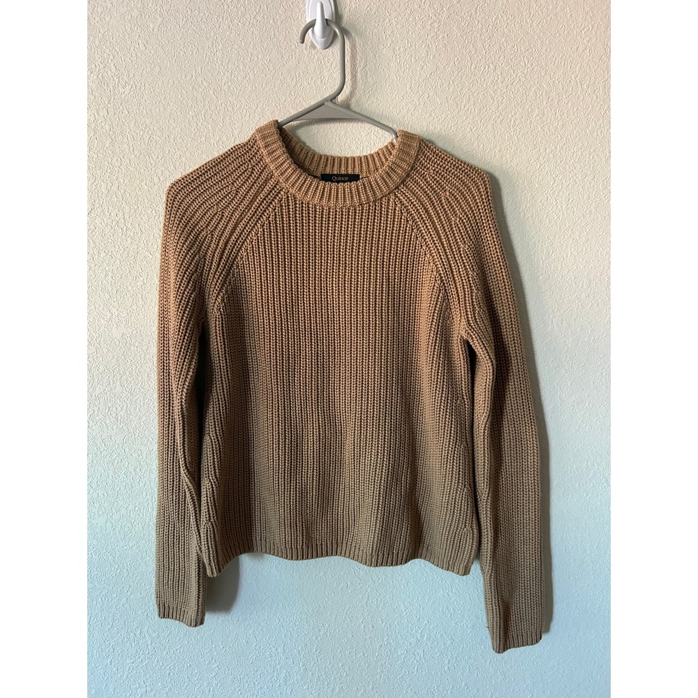Quince Camel Ribbed Knit 100% Organic Cotton Fisherman Crewneck Sweater XS